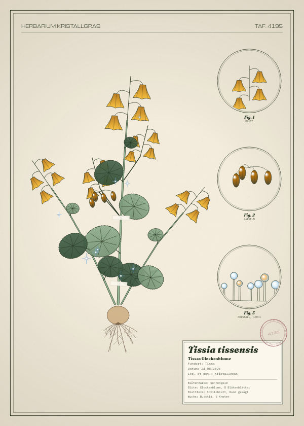 Botanische Tafel: Tissia tissensis, eine erfundene Pflanze aus Tissa, gezeichnet wie in einem alten Pflanzenatlas