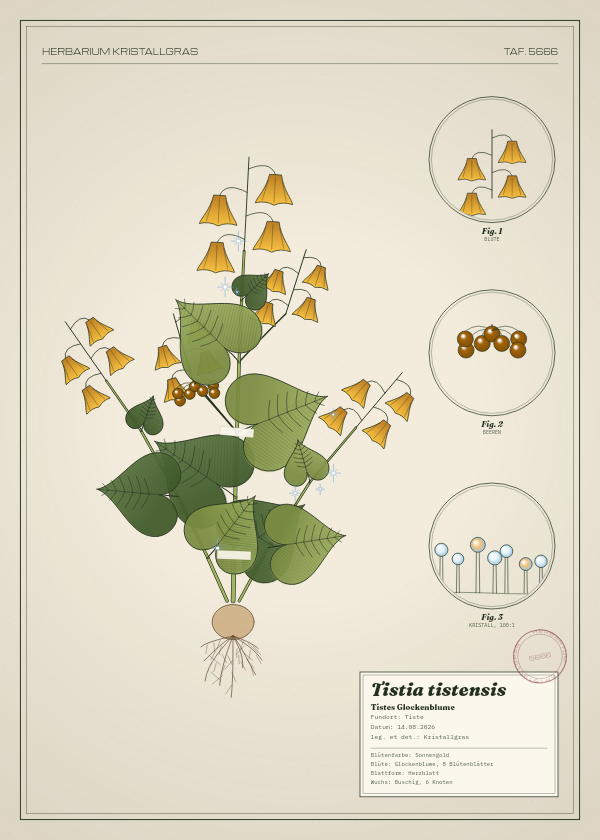Botanische Tafel: Tistia tistensis, eine erfundene Pflanze aus Tiste, gezeichnet wie in einem alten Pflanzenatlas