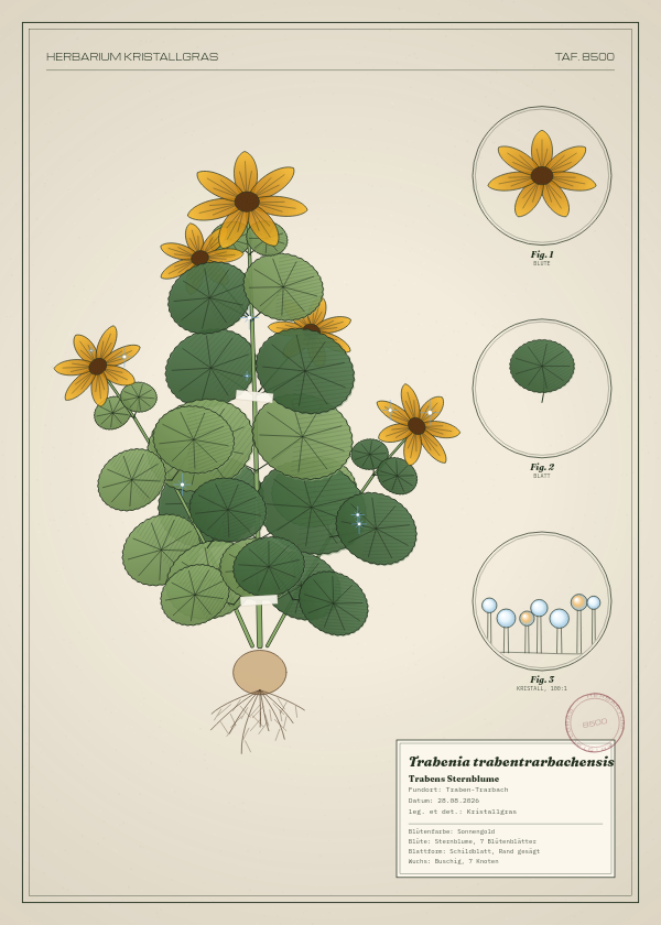 Botanische Tafel: Trabenia trabentrarbachensis, eine erfundene Pflanze aus Traben-Trarbach, gezeichnet wie in einem alten Pflanzenatlas