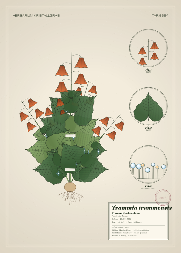 Botanische Tafel: Trammia trammensis, eine erfundene Pflanze aus Tramm, gezeichnet wie in einem alten Pflanzenatlas