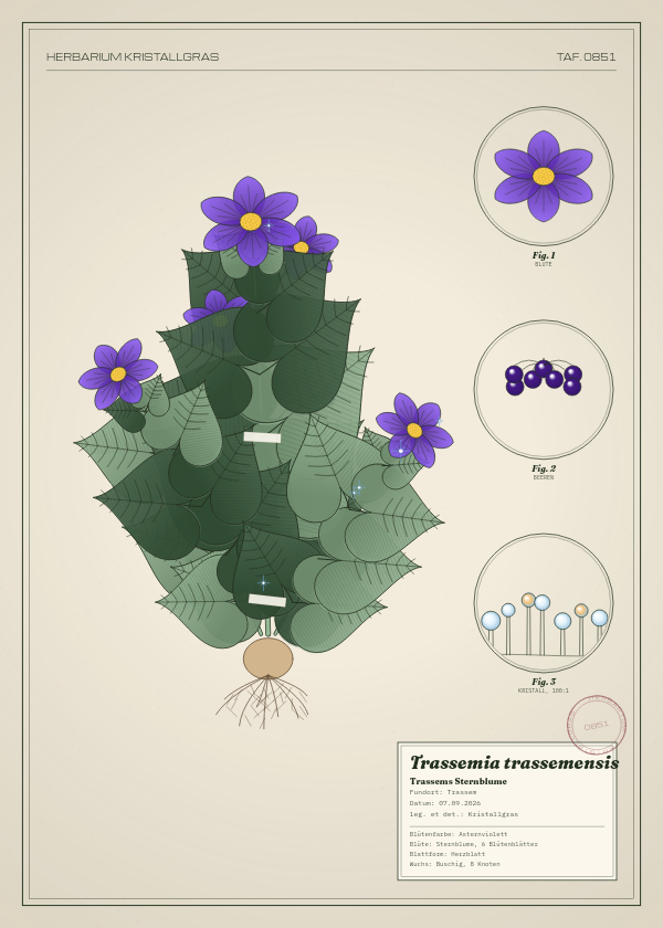 Botanische Tafel: Trassemia trassemensis, eine erfundene Pflanze aus Trassem, gezeichnet wie in einem alten Pflanzenatlas