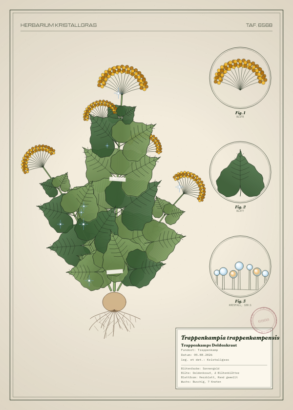 Botanische Tafel: Trappenkampia trappenkampensis, eine erfundene Pflanze aus Trappenkamp, gezeichnet wie in einem alten Pflanzenatlas