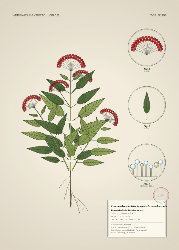 Botanische Tafel: Travenbrueckia travenbrueckensis, eine erfundene Pflanze aus Travenbrück, gezeichnet wie in einem alten Pflanzenatlas