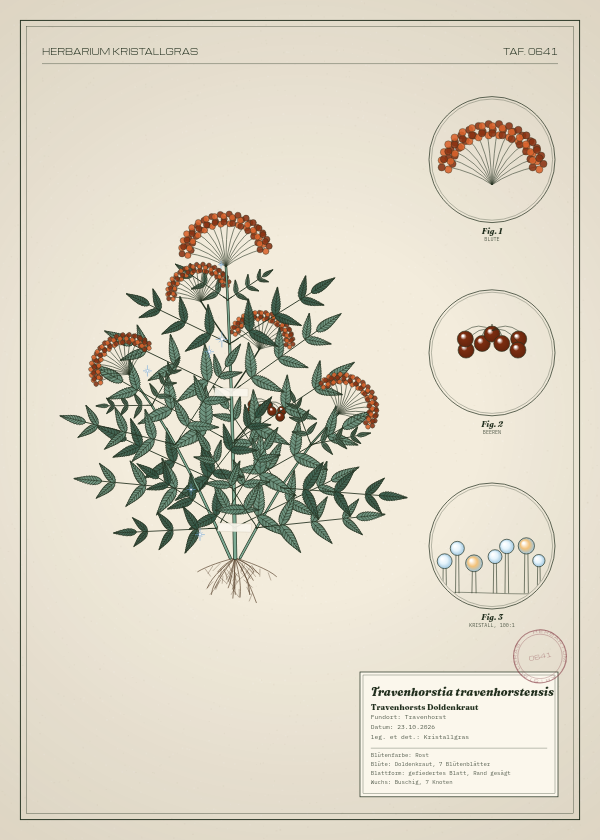 Botanische Tafel: Travenhorstia travenhorstensis, eine erfundene Pflanze aus Travenhorst, gezeichnet wie in einem alten Pflanzenatlas