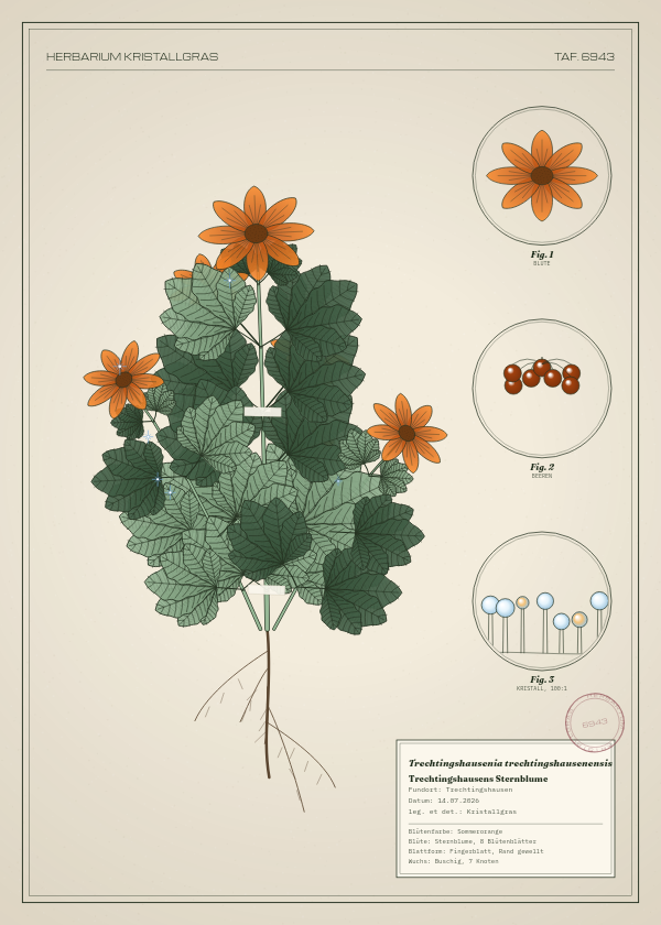 Botanische Tafel: Trechtingshausenia trechtingshausenensis, eine erfundene Pflanze aus Trechtingshausen, gezeichnet wie in einem alten Pflanzenatlas