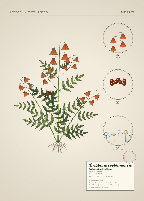Botanische Tafel: Trebbinia trebbinensis, eine erfundene Pflanze aus Trebbin, gezeichnet wie in einem alten Pflanzenatlas