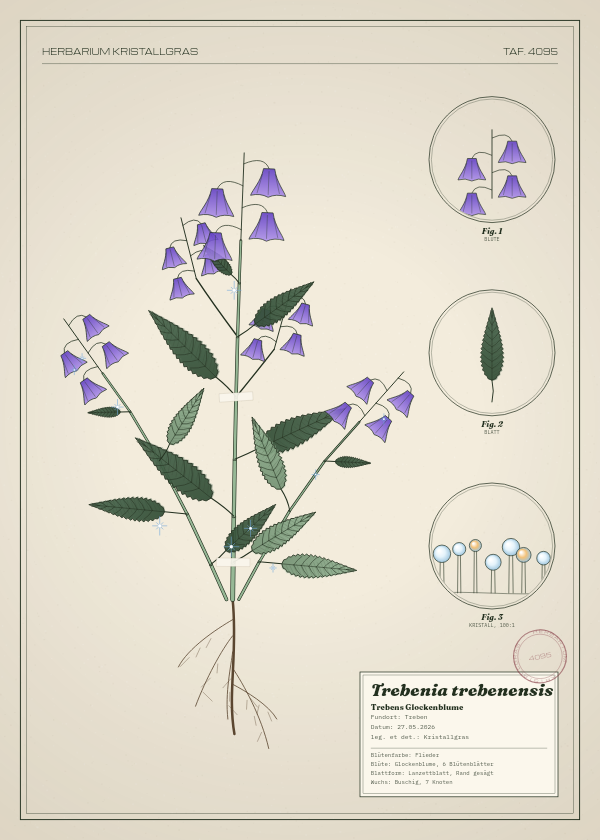 Botanische Tafel: Trebenia trebenensis, eine erfundene Pflanze aus Treben, gezeichnet wie in einem alten Pflanzenatlas