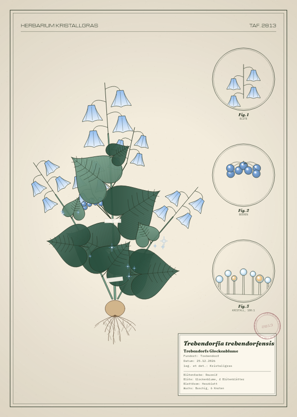 Botanische Tafel: Trebendorfia trebendorfensis, eine erfundene Pflanze aus Trebendorf, gezeichnet wie in einem alten Pflanzenatlas