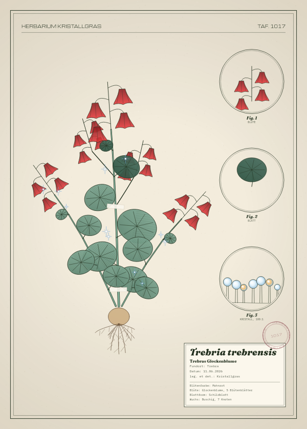 Botanische Tafel: Trebria trebrensis, eine erfundene Pflanze aus Trebra, gezeichnet wie in einem alten Pflanzenatlas