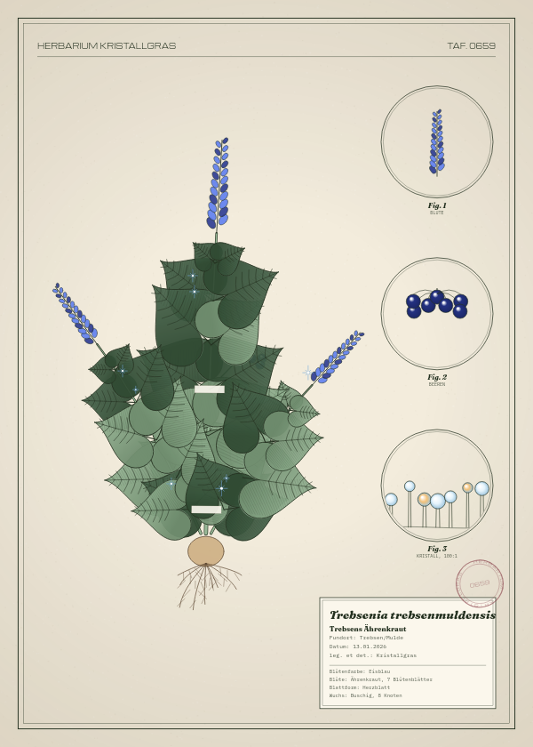 Botanische Tafel: Trebsenia trebsenmuldensis, eine erfundene Pflanze aus Trebsen/Mulde, gezeichnet wie in einem alten Pflanzenatlas