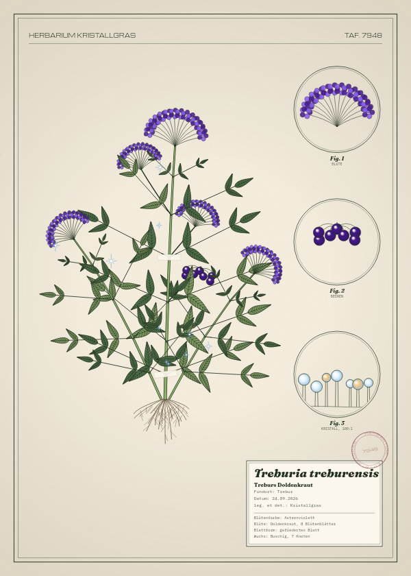 Botanische Tafel: Treburia treburensis, eine erfundene Pflanze aus Trebur, gezeichnet wie in einem alten Pflanzenatlas