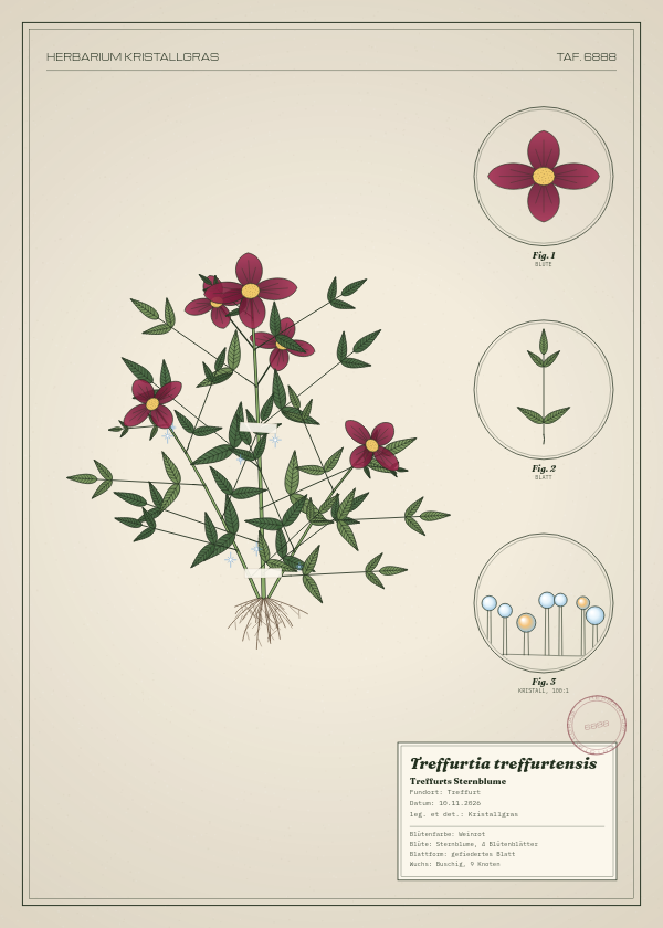 Botanische Tafel: Treffurtia treffurtensis, eine erfundene Pflanze aus Treffurt, gezeichnet wie in einem alten Pflanzenatlas
