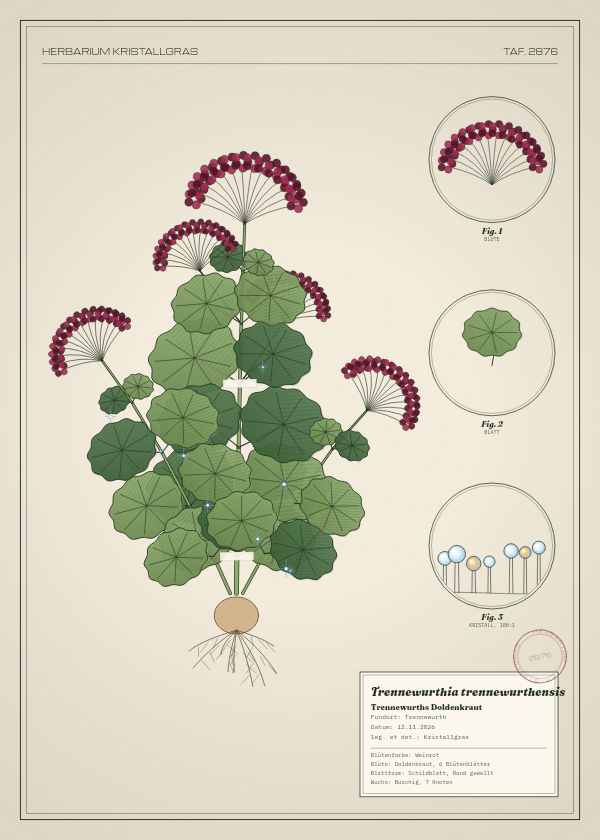 Botanische Tafel: Trennewurthia trennewurthensis, eine erfundene Pflanze aus Trennewurth, gezeichnet wie in einem alten Pflanzenatlas