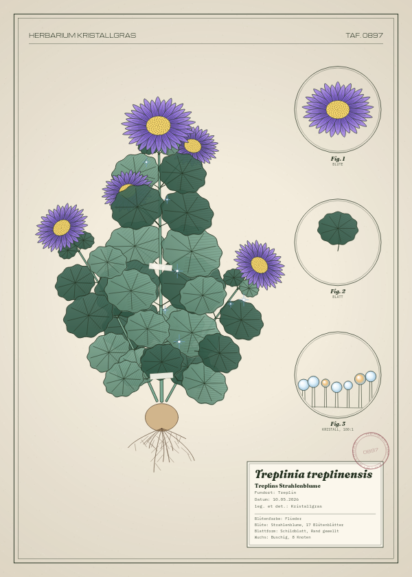 Botanische Tafel: Treplinia treplinensis, eine erfundene Pflanze aus Treplin, gezeichnet wie in einem alten Pflanzenatlas