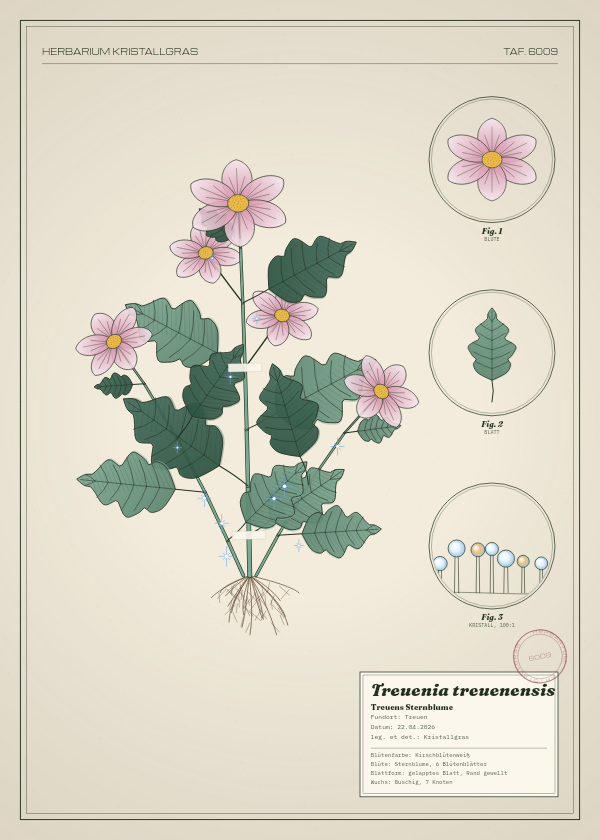 Botanische Tafel: Treuenia treuenensis, eine erfundene Pflanze aus Treuen, gezeichnet wie in einem alten Pflanzenatlas