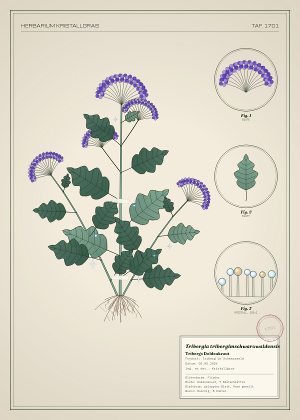 Botanische Tafel: Tribergia tribergimschwarzwaldensis, eine erfundene Pflanze aus Triberg im Schwarzwald, gezeichnet wie in einem alten Pflanzenatlas