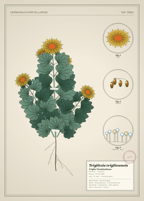 Botanische Tafel: Triglitzia triglitzensis, eine erfundene Pflanze aus Triglitz, gezeichnet wie in einem alten Pflanzenatlas
