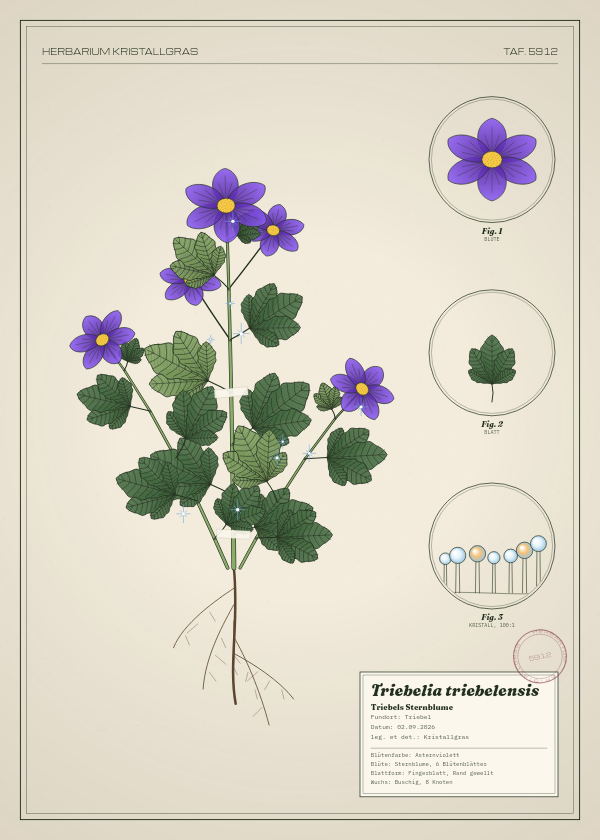 Botanische Tafel: Triebelia triebelensis, eine erfundene Pflanze aus Triebel, gezeichnet wie in einem alten Pflanzenatlas