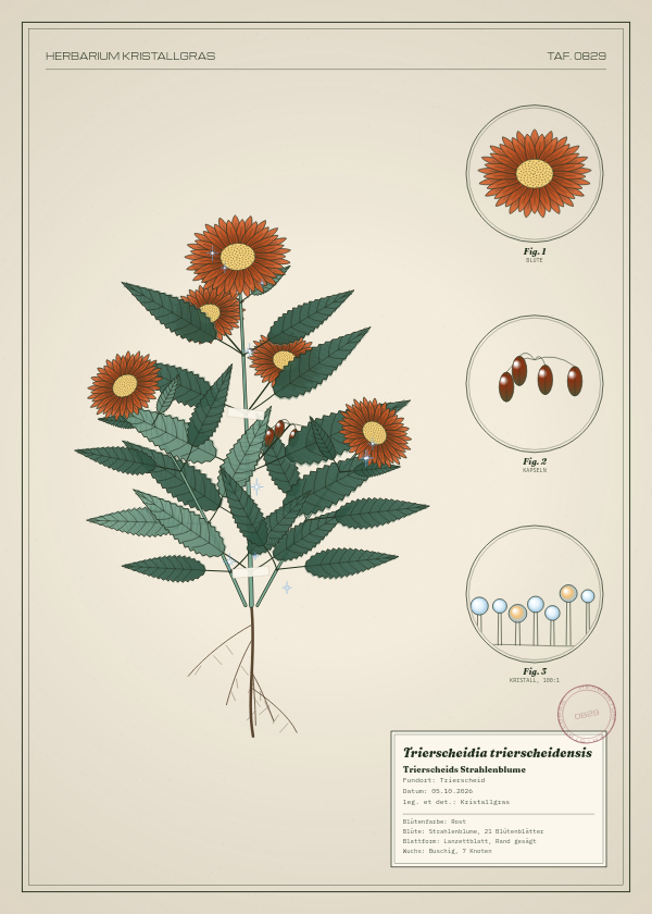 Botanische Tafel: Trierscheidia trierscheidensis, eine erfundene Pflanze aus Trierscheid, gezeichnet wie in einem alten Pflanzenatlas