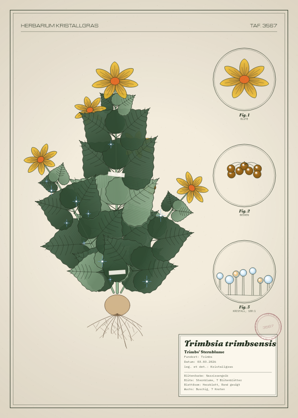 Botanische Tafel: Trimbsia trimbsensis, eine erfundene Pflanze aus Trimbs, gezeichnet wie in einem alten Pflanzenatlas
