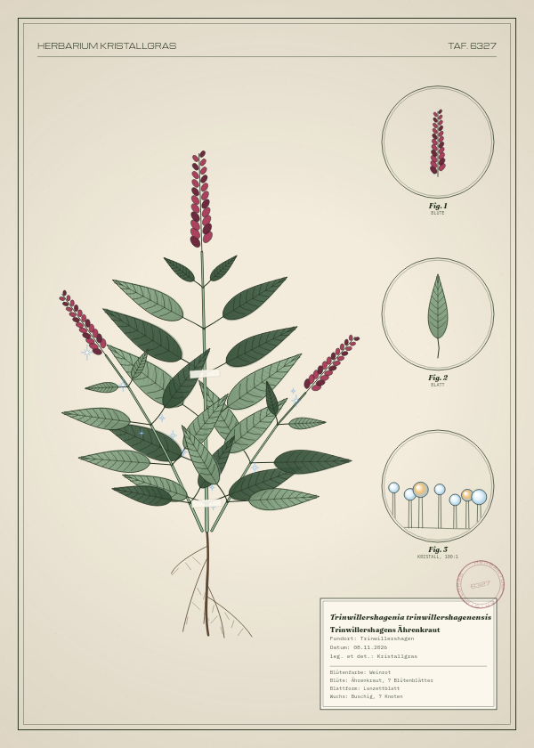 Botanische Tafel: Trinwillershagenia trinwillershagenensis, eine erfundene Pflanze aus Trinwillershagen, gezeichnet wie in einem alten Pflanzenatlas
