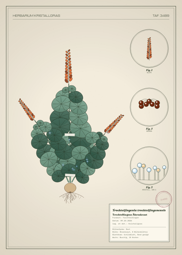 Botanische Tafel: Trochtelfingenia trochtelfingenensis, eine erfundene Pflanze aus Trochtelfingen, gezeichnet wie in einem alten Pflanzenatlas
