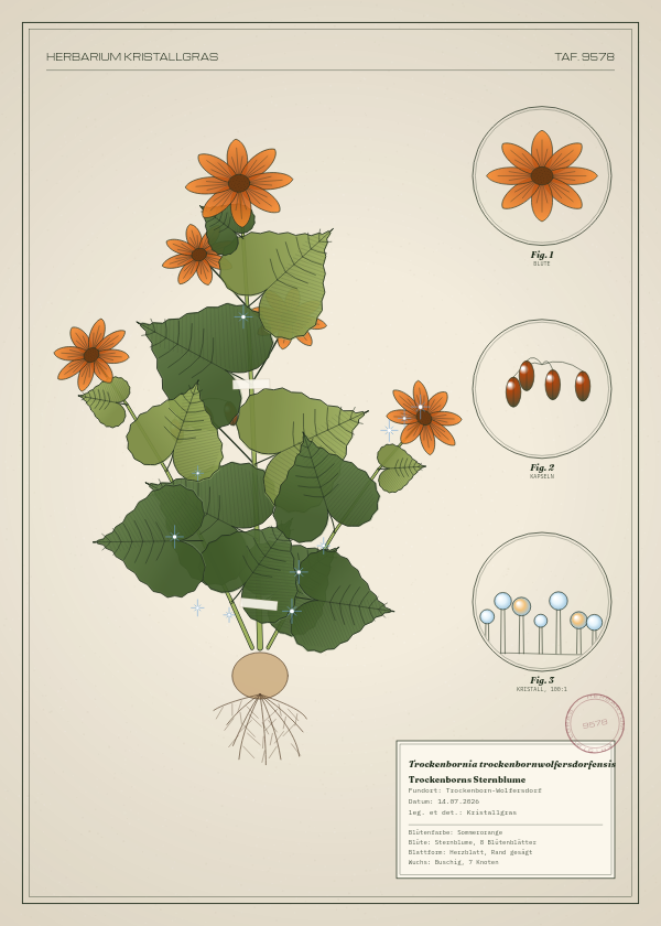 Botanische Tafel: Trockenbornia trockenbornwolfersdorfensis, eine erfundene Pflanze aus Trockenborn-Wolfersdorf, gezeichnet wie in einem alten Pflanzenatlas