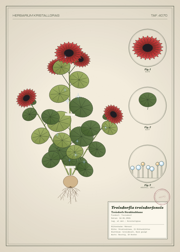 Botanische Tafel: Troisdorfia troisdorfensis, eine erfundene Pflanze aus Troisdorf, gezeichnet wie in einem alten Pflanzenatlas