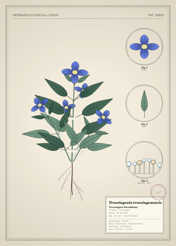 Botanische Tafel: Trossingenia trossingenensis, eine erfundene Pflanze aus Trossingen, gezeichnet wie in einem alten Pflanzenatlas