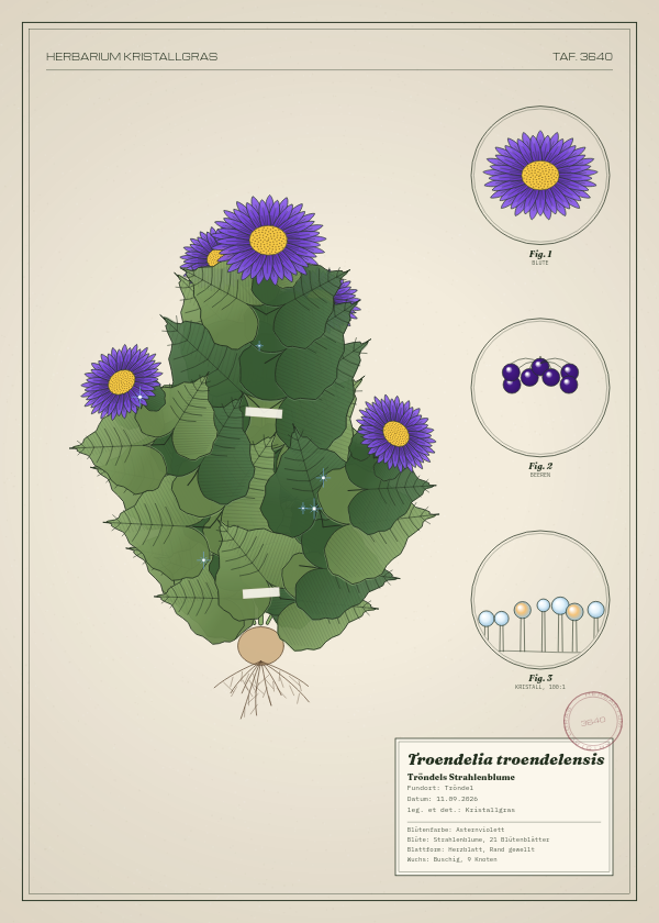 Botanische Tafel: Troendelia troendelensis, eine erfundene Pflanze aus Tröndel, gezeichnet wie in einem alten Pflanzenatlas