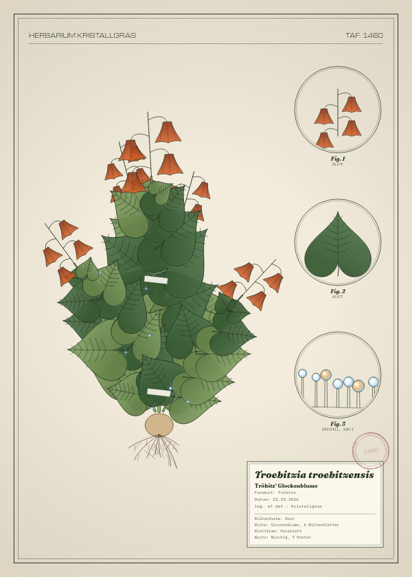 Botanische Tafel: Troebitzia troebitzensis, eine erfundene Pflanze aus Tröbitz, gezeichnet wie in einem alten Pflanzenatlas