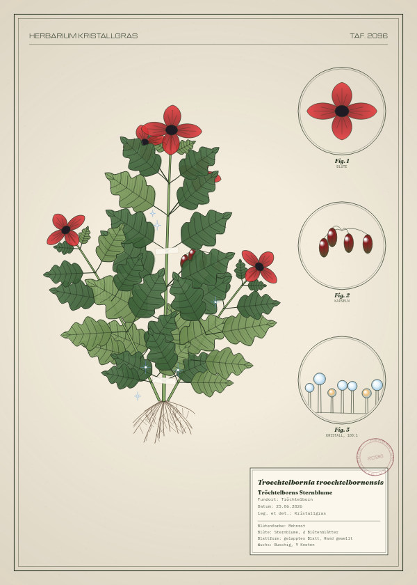 Botanische Tafel: Troechtelbornia troechtelbornensis, eine erfundene Pflanze aus Tröchtelborn, gezeichnet wie in einem alten Pflanzenatlas