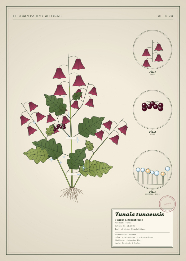 Botanische Tafel: Tunaia tunaensis, eine erfundene Pflanze aus Tunau, gezeichnet wie in einem alten Pflanzenatlas
