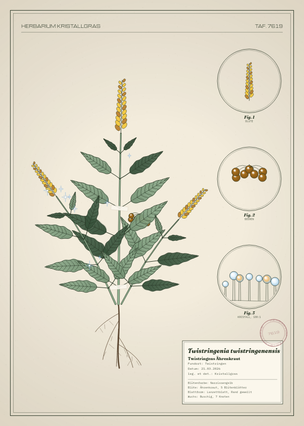 Botanische Tafel: Twistringenia twistringenensis, eine erfundene Pflanze aus Twistringen, gezeichnet wie in einem alten Pflanzenatlas
