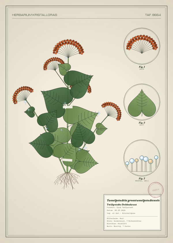 Botanische Tafel: Twuelpstedtia grosstwuelpstedtensis, eine erfundene Pflanze aus Groß Twülpstedt, gezeichnet wie in einem alten Pflanzenatlas