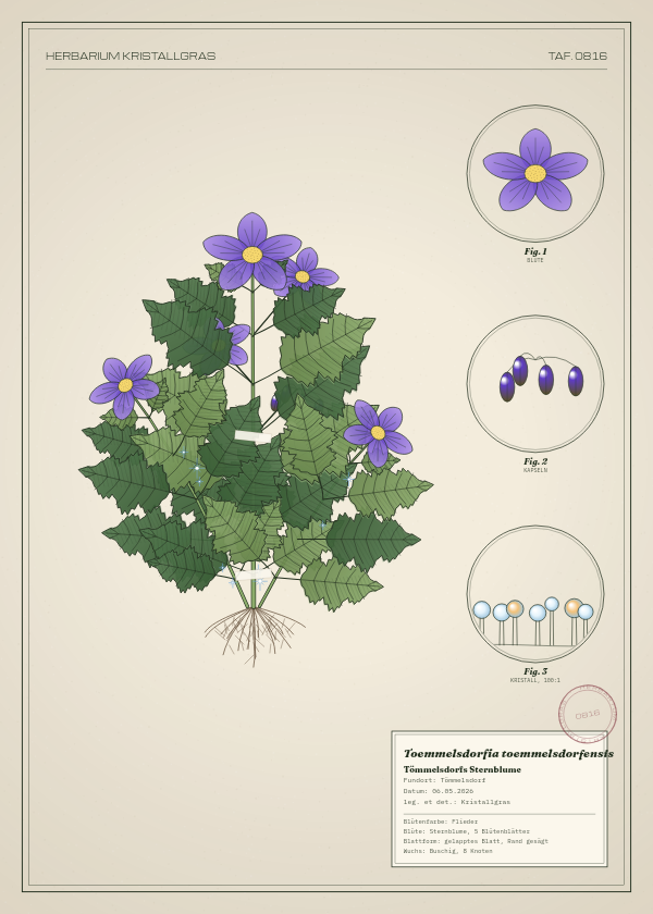 Botanische Tafel: Toemmelsdorfia toemmelsdorfensis, eine erfundene Pflanze aus Tömmelsdorf, gezeichnet wie in einem alten Pflanzenatlas