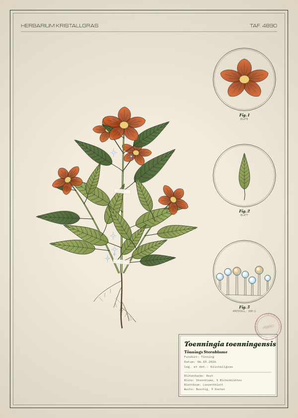 Botanische Tafel: Toenningia toenningensis, eine erfundene Pflanze aus Tönning, gezeichnet wie in einem alten Pflanzenatlas