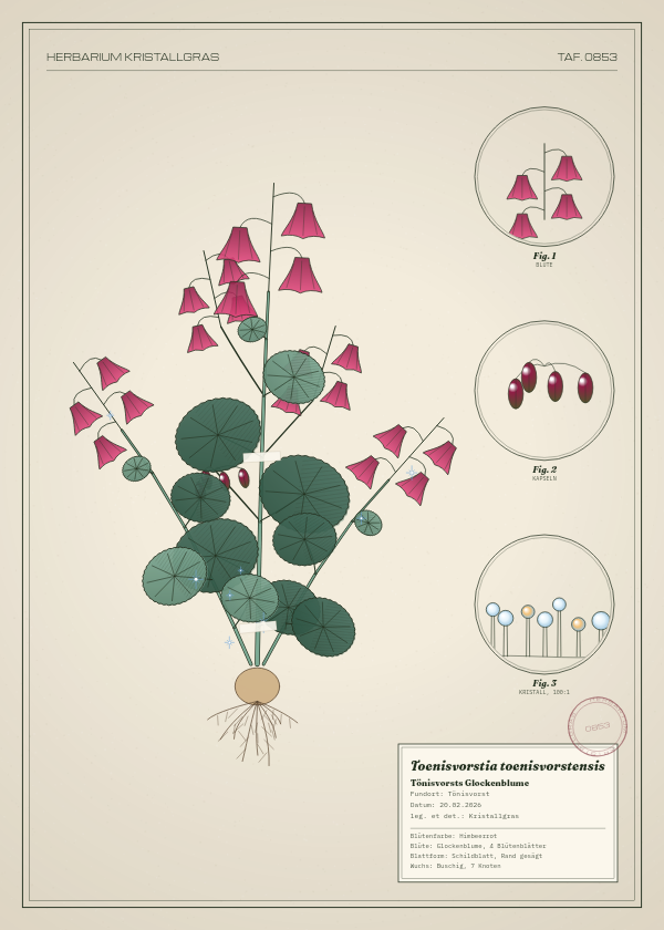 Botanische Tafel: Toenisvorstia toenisvorstensis, eine erfundene Pflanze aus Tönisvorst, gezeichnet wie in einem alten Pflanzenatlas