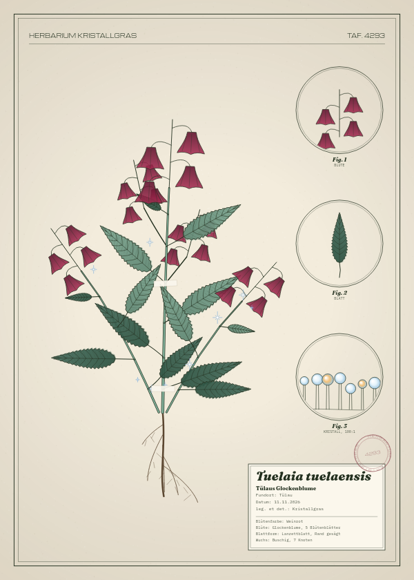 Botanische Tafel: Tuelaia tuelaensis, eine erfundene Pflanze aus Tülau, gezeichnet wie in einem alten Pflanzenatlas