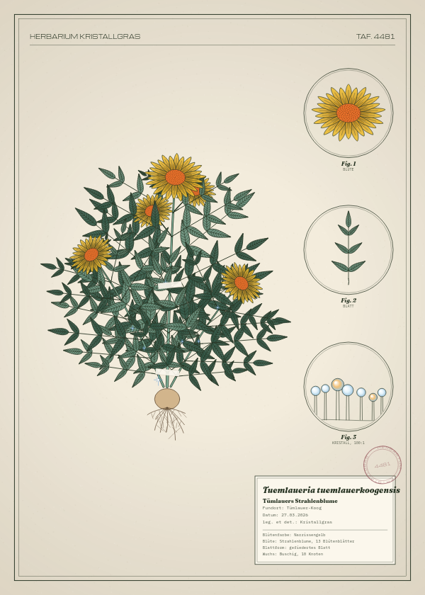 Botanische Tafel: Tuemlaueria tuemlauerkoogensis, eine erfundene Pflanze aus Tümlauer-Koog, gezeichnet wie in einem alten Pflanzenatlas
