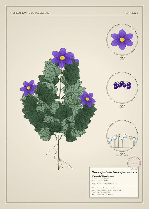 Botanische Tafel: Tuetzpatzia tuetzpatzensis, eine erfundene Pflanze aus Tützpatz, gezeichnet wie in einem alten Pflanzenatlas