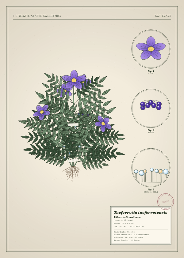 Botanische Tafel: Taeferrotia taeferrotensis, eine erfundene Pflanze aus Täferrot, gezeichnet wie in einem alten Pflanzenatlas