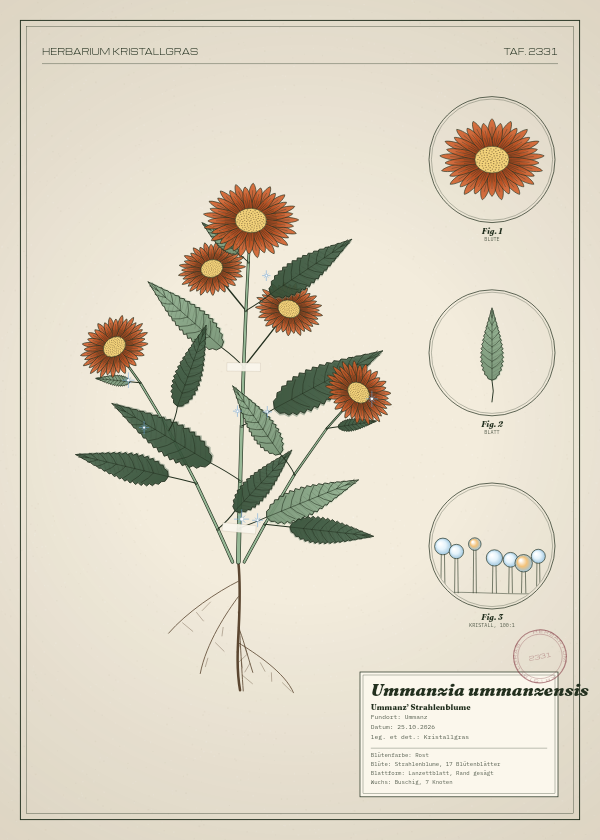 Botanische Tafel: Ummanzia ummanzensis, eine erfundene Pflanze aus Ummanz, gezeichnet wie in einem alten Pflanzenatlas