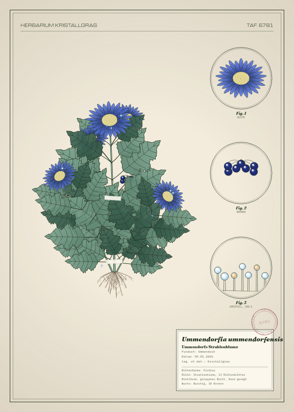 Botanische Tafel: Ummendorfia ummendorfensis, eine erfundene Pflanze aus Ummendorf, gezeichnet wie in einem alten Pflanzenatlas