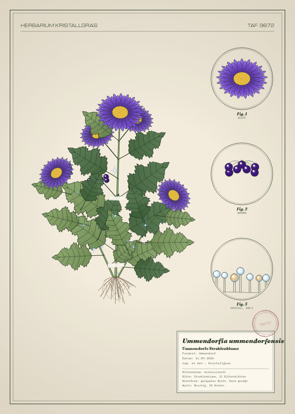 Botanische Tafel: Ummendorfia ummendorfensis, eine erfundene Pflanze aus Ummendorf, gezeichnet wie in einem alten Pflanzenatlas