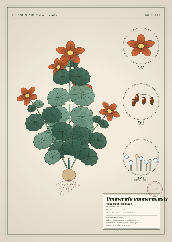 Botanische Tafel: Ummernia ummernensis, eine erfundene Pflanze aus Ummern, gezeichnet wie in einem alten Pflanzenatlas