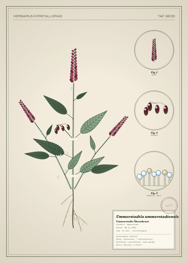 Botanische Tafel: Ummerstadtia ummerstadtensis, eine erfundene Pflanze aus Ummerstadt, gezeichnet wie in einem alten Pflanzenatlas
