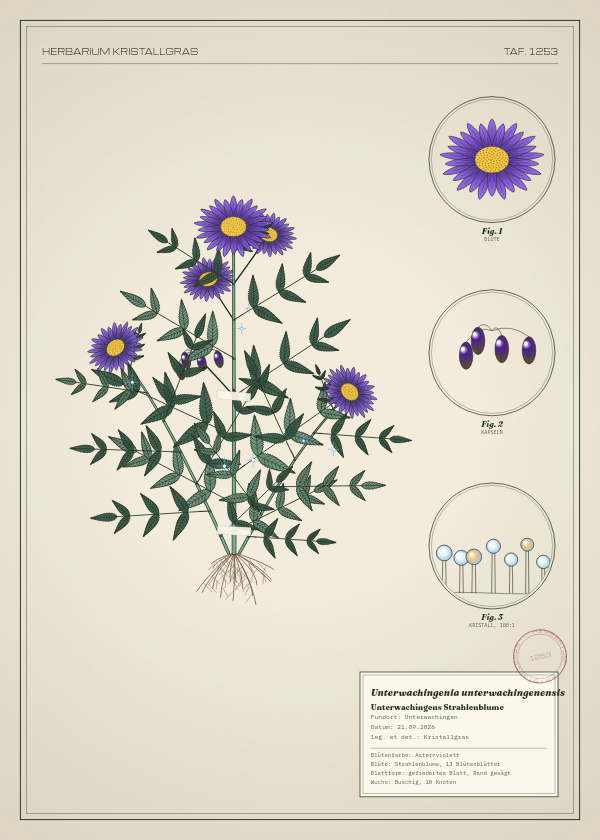 Botanische Tafel: Unterwachingenia unterwachingenensis, eine erfundene Pflanze aus Unterwachingen, gezeichnet wie in einem alten Pflanzenatlas