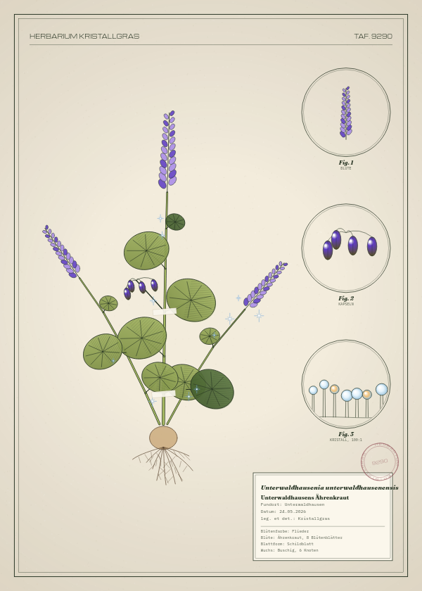Botanische Tafel: Unterwaldhausenia unterwaldhausenensis, eine erfundene Pflanze aus Unterwaldhausen, gezeichnet wie in einem alten Pflanzenatlas