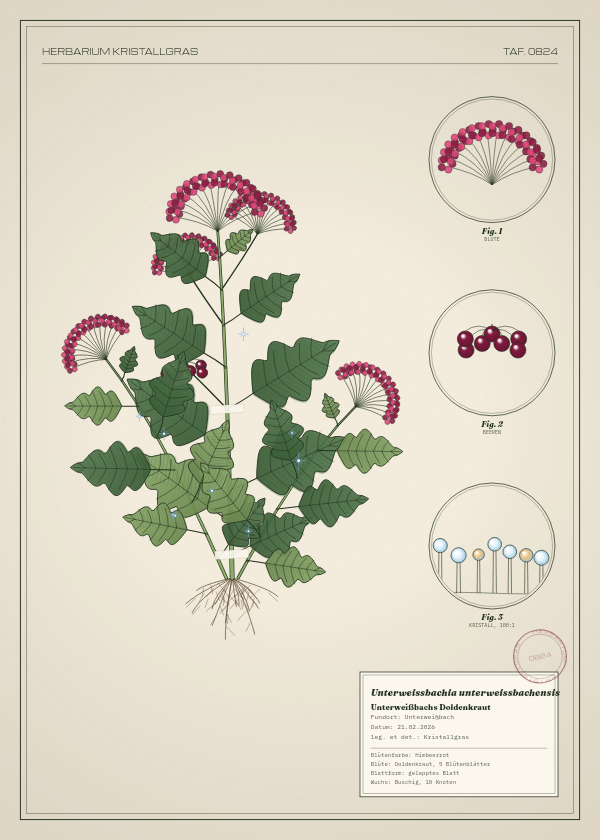 Botanische Tafel: Unterweissbachia unterweissbachensis, eine erfundene Pflanze aus Unterweißbach, gezeichnet wie in einem alten Pflanzenatlas